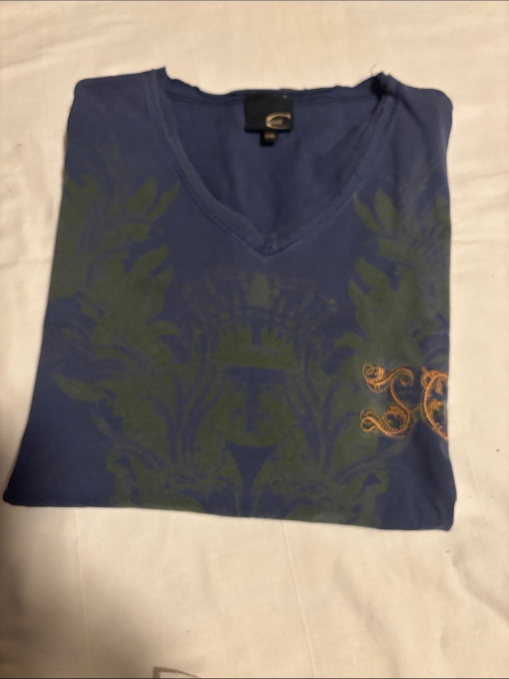 Just Cavalli V-Neck Tee with Olive Graphic and Gold Emblem